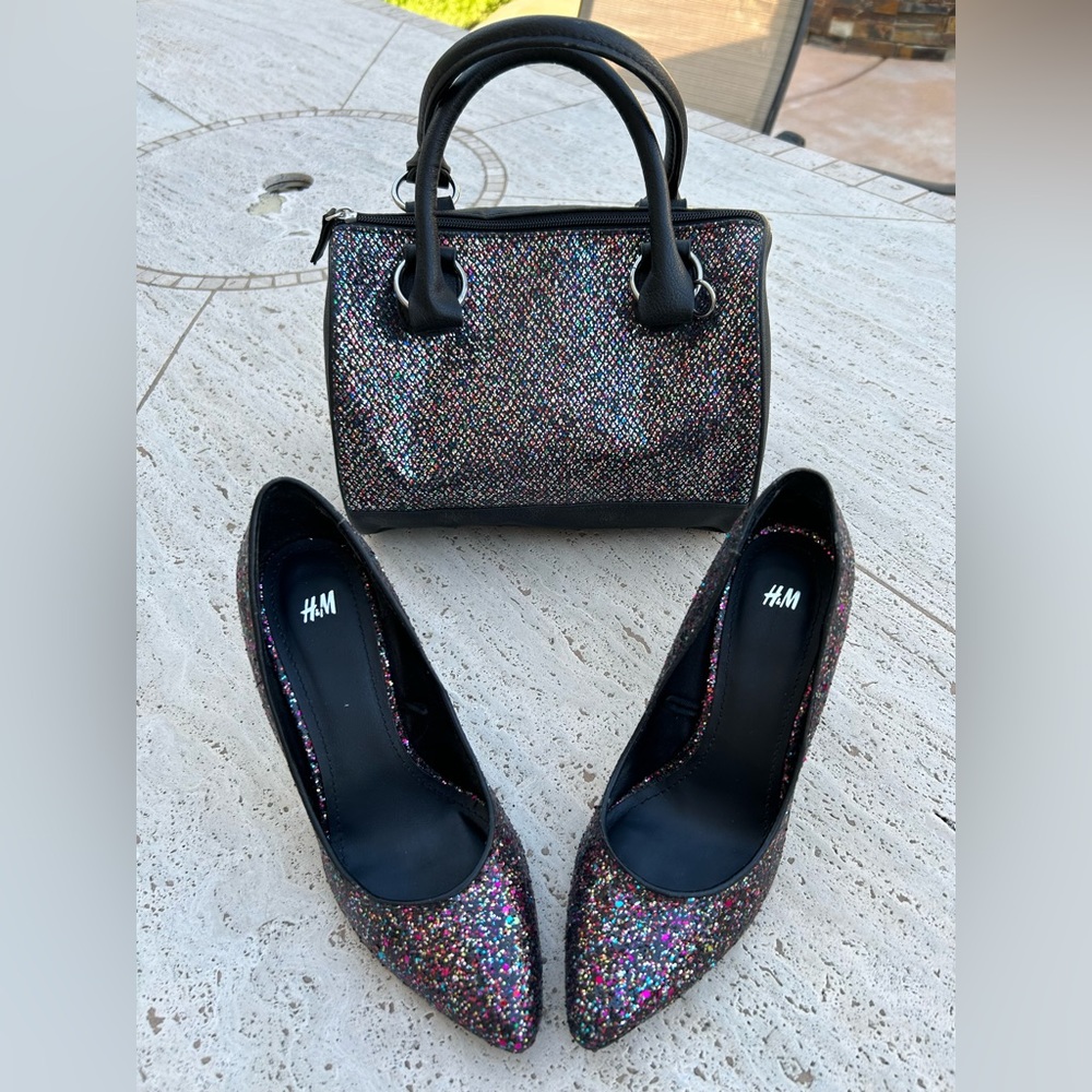 BLACK GLITTER HEELS PUMPS Black Multicolored Sparkly Glitter - Picture 8 of 12